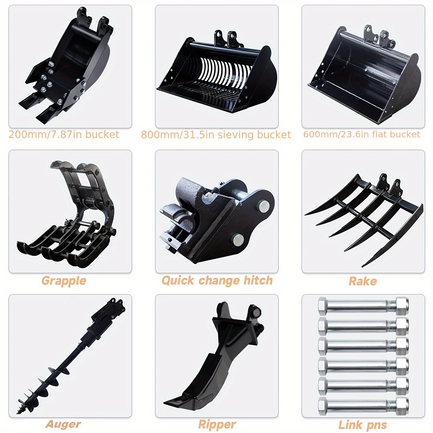 Mini Excavator Attachments 8pcs with Narrow Bucket, Ripper, Rake, Auger, Grapple, Quick Hitch, Screening Bucket for Small Digger, Mini Excavator Accessories Kit USA Stock