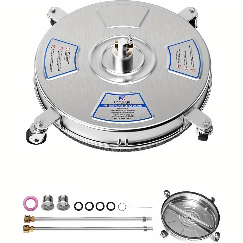 18" 4000 PSI Stainless Steel Pressure Washer Surface Cleaner with 4 Wheels, 1/4" Quick Plug & 2 Extension Wands - Yard Firm Heavy-Duty Power Washer Accessory for Driveways, Sidewalks, Patios, Decks, Patio Cleaning, Metallic Finish, Easy Installation Feature, Sidewalk Cleaning, Multisurface Tool, Highpressure Resistant, Outdoor Maintenance