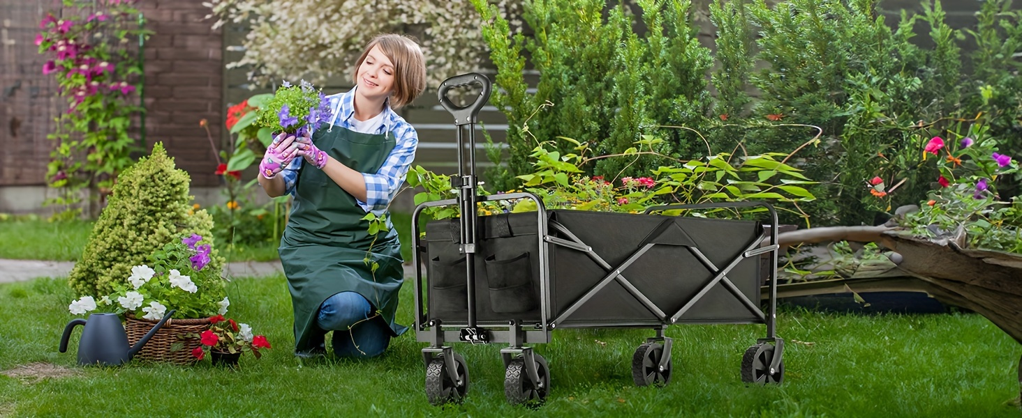 Collapsible Folding Wagon Cart, Large Capacity Track and Field Equipment Transporter, All-Terrain Foldable Pet Stroller, Heavy-Duty Utility Wagon for Grocery, Outdoor Beach, Gardening, Shopping & Fishing – Perfect Christmas Gift (Black)