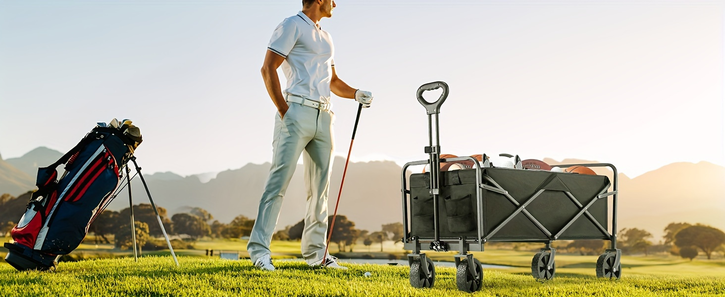 Collapsible Folding Wagon Cart, Large Capacity Track and Field Equipment Transporter, All-Terrain Foldable Pet Stroller, Heavy-Duty Utility Wagon for Grocery, Outdoor Beach, Gardening, Shopping & Fishing – Perfect Christmas Gift (Black)