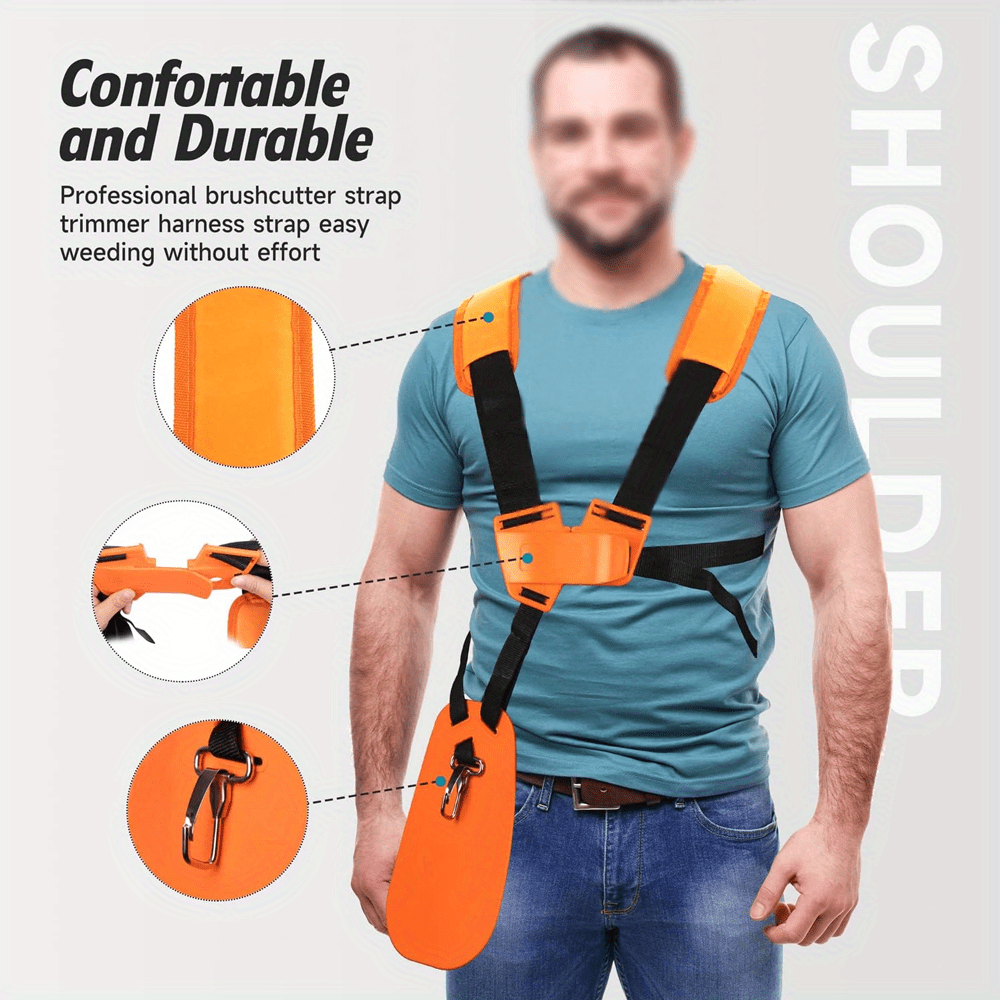 Adjustable Lawn Trimmer Shoulder Strap with Ergonomic Design & Heavy-Duty Polyester - Heavy-Duty Comfortable Carrying System, Secure Fit for Gas/Petrol & Electric Lawn Mowers, Hedge Trimmers, Brush Cutters - Outdoor Gardening Tool Accessory with Padded Support & Tool-Free Adjustment (Compatible with Most Models) - Durable Orange and Black Belt for Reduced Fatigue, Ideal for Extended Use, Ideal for Lawn Care and Landscaping, Grass Trimmer Head Attachment, Lawn Edge Trimmer,