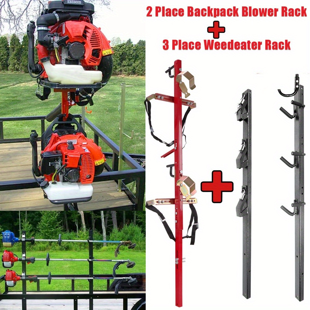 3 Place Weedeater Rack & 2 Place Backpack Blower Rack for Open Trailer - Heavy-Duty Steel Construction - Organize & Secure Yard Firm Tools - Ideal for Landscapers & Gardeners