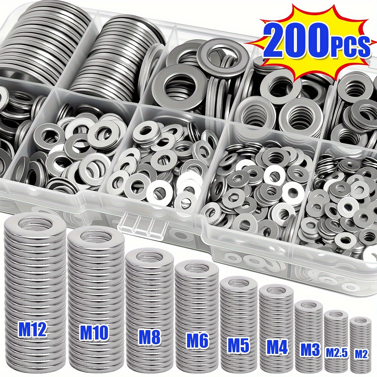 200pcs 304 Stainless Steel Washers Set, Yard Firm Durable Material, Polished Surface, O-Ring Fastener Spacer Set with Box, Includes 9 Sizes (M2-M12), Suitable for Home Decor, Factory Maintenance, Kitchen, Shop And Outdoor Construction