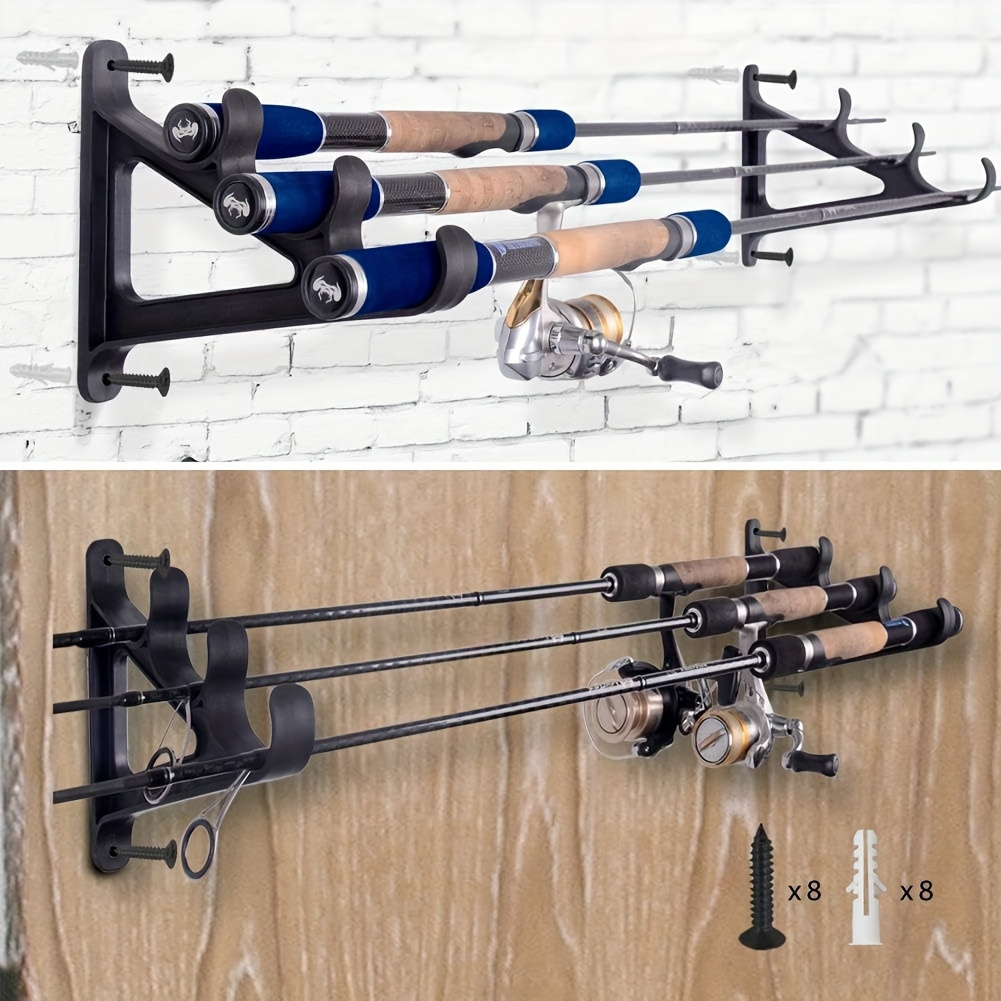 2pcs Space Saving Wall Mounted Fishing Rod Rack with Hooks- Holds 3 Fishing Rods, Suitable for Hiking Poles, Ski Poles, etc.- Made of Durable ABS Material, Easy to Install, Fishing Rod Holder. Convenient for outdoor camping use