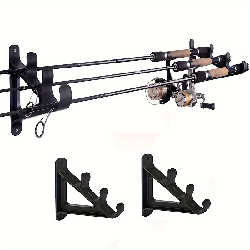 2pcs Space Saving Wall Mounted Fishing Rod Rack with Hooks- Holds 3 Fishing Rods, Suitable for Hiking Poles, Ski Poles, etc.- Made of Durable ABS Material, Easy to Install, Fishing Rod Holder. Convenient for outdoor camping use