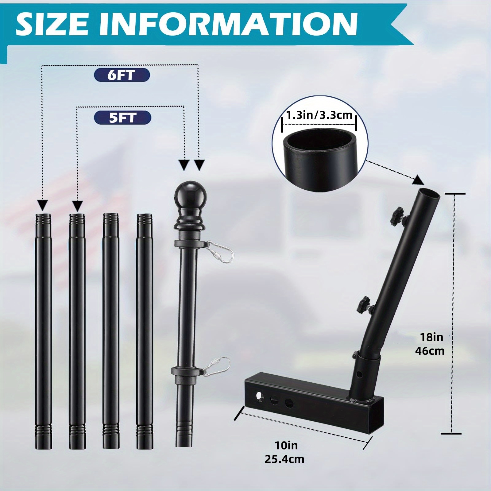 Truck Flag Pole Kit with Trailer Hitch Holder - 5/6ft Heavy Duty Tangle Free Flagpole for Trucks, Dual Angle Mount, Windproof Long Sleeve for Tow Truck, Pickup Car - Image 7
