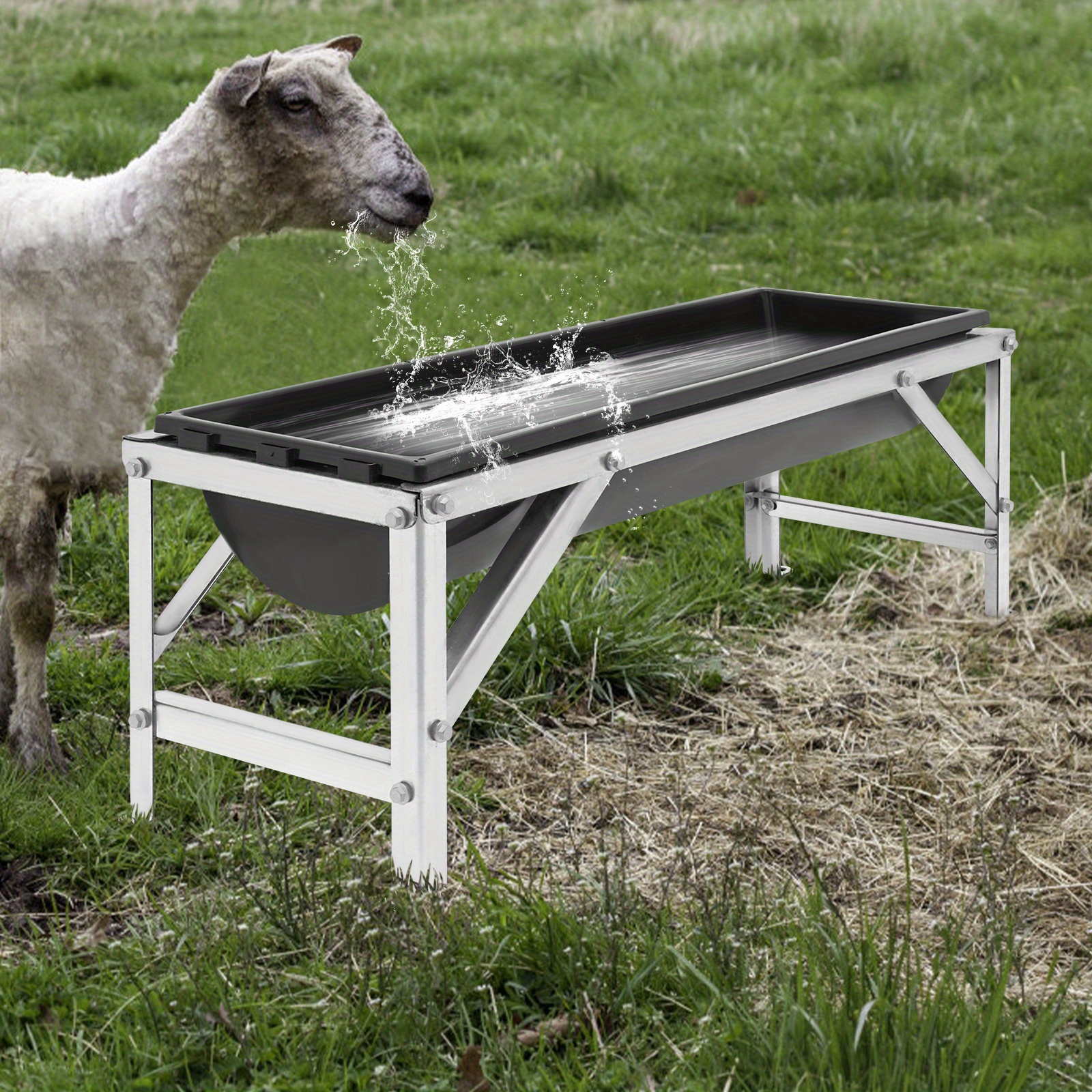 CNCEST 39" Large Capacity 35L/9.25Gal Yard Firm Heavy-Duty Plastic Livestock Feed Trough with Stand - Rust-Resistant Animal Feeder, Easy-Clean Design & Sturdy Frame for Farm, Ranch, Horse, Sheep, Goat, Pig Feeding - Durable Outdoor/Indoor Use, No Batteries/Electricity Required, Farm Feeding Equipment, Ranch Feeder, Spillproof Feeder, Longlasting Material, Farm Equipment, Goat Feeder, Horse Feeding Station, Horse Owners, Animal Husbandry, Compact Feeder, Weatherresistant Material, Rustproof