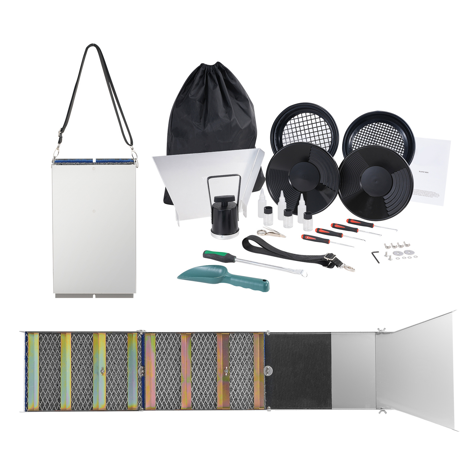 [Gold Prospecting Kit] 23pcs Yard Firm Gold Prospecting Equipment Set - 50-Inch Folding Sluice Box Golden Panning Kit with Classifier Screen, Magnet, Backpack for Outdoor Exploration