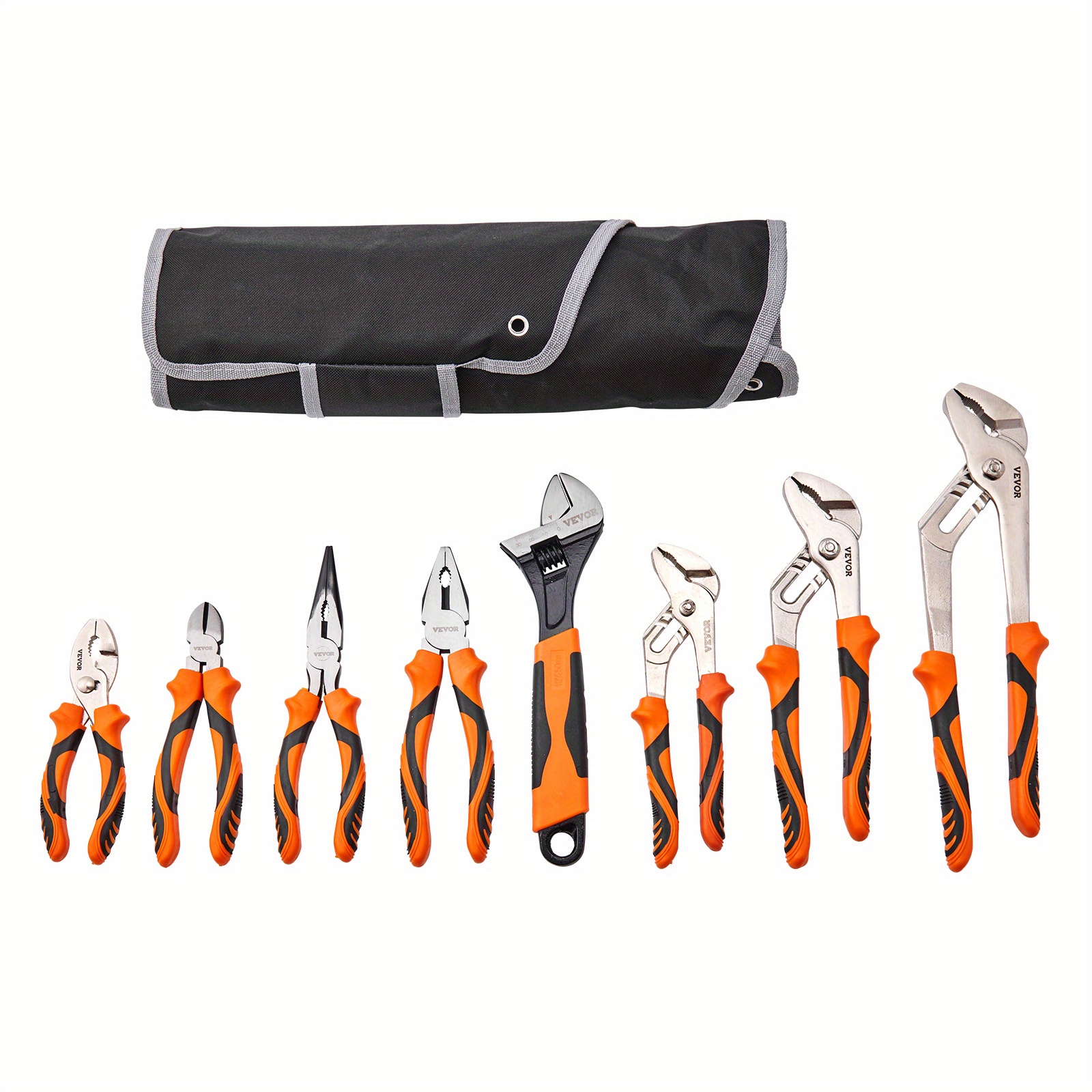 8pcs Pliers Set, High Carbon Yard Firm Steel, 12"/10"/8" Groove Joint Pliers, 8" Lineman'S Pliers, 6" Slip Joint Pliers, 8" Long Nose Pliers, 6" Diagonal Cutter, 10" Adjustable Wrench, Tool Bag