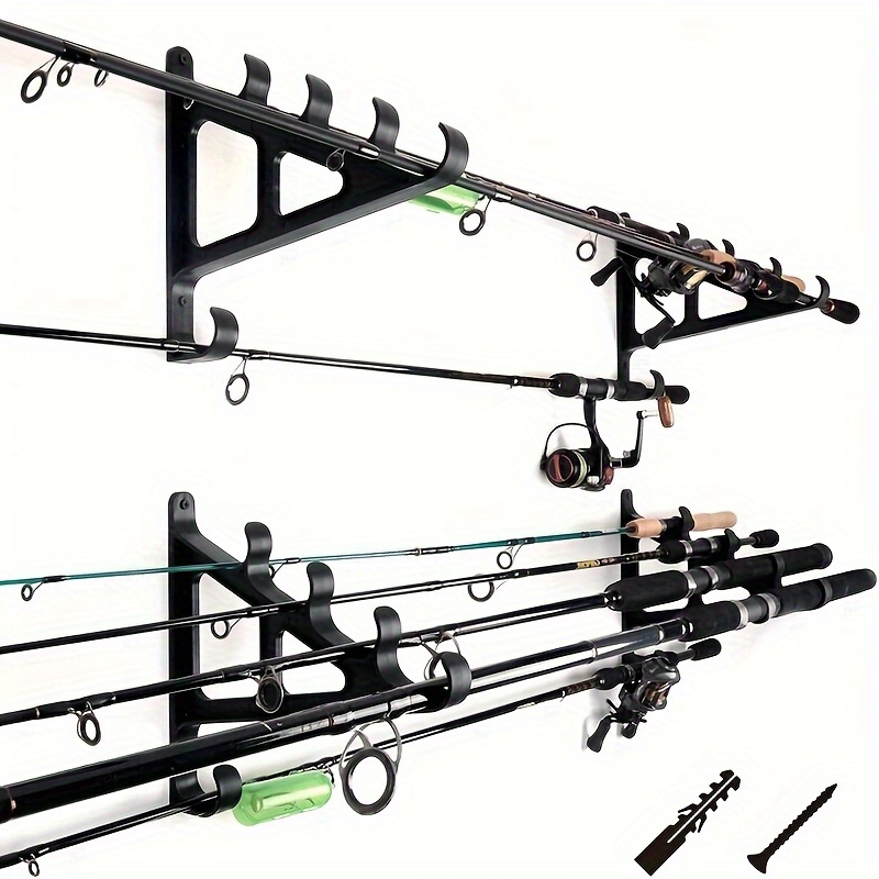 2pcs Space Saving Wall Mounted Fishing Rod Rack with Hooks- Holds 3 Fishing Rods, Suitable for Hiking Poles, Ski Poles, etc.- Made of Durable ABS Material, Easy to Install, Fishing Rod Holder. Convenient for outdoor camping use