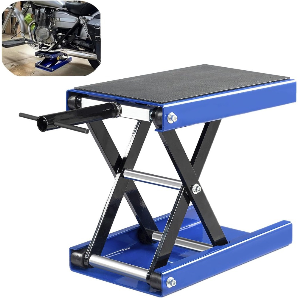 Heavy-Duty 1100 LB Motorcycle/ATV/Dirt Bike/Scooter Lift Jack - Yard Firm Scissor Lift Jack with Crank Handle, Sturdy Base Plate, Manual Crank Mechanism - for Garage, Workshop, Racing Use - Blue, Garage Equipment, Robust Construction, Reinforced Structure, Motorcycle Enthusiasts