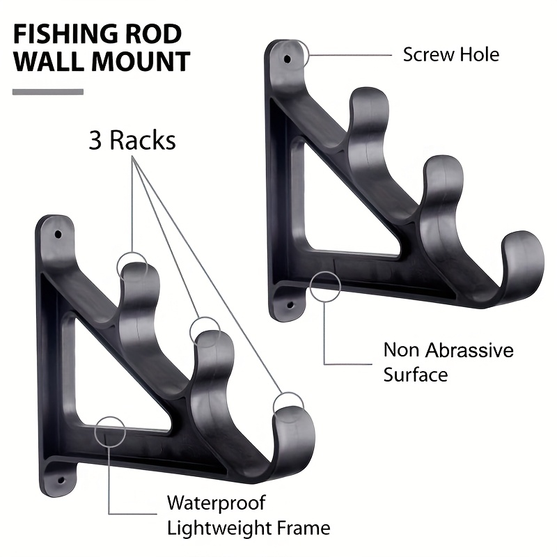 2pcs Space Saving Wall Mounted Fishing Rod Rack with Hooks- Holds 3 Fishing Rods, Suitable for Hiking Poles, Ski Poles, etc.- Made of Durable ABS Material, Easy to Install, Fishing Rod Holder. Convenient for outdoor camping use