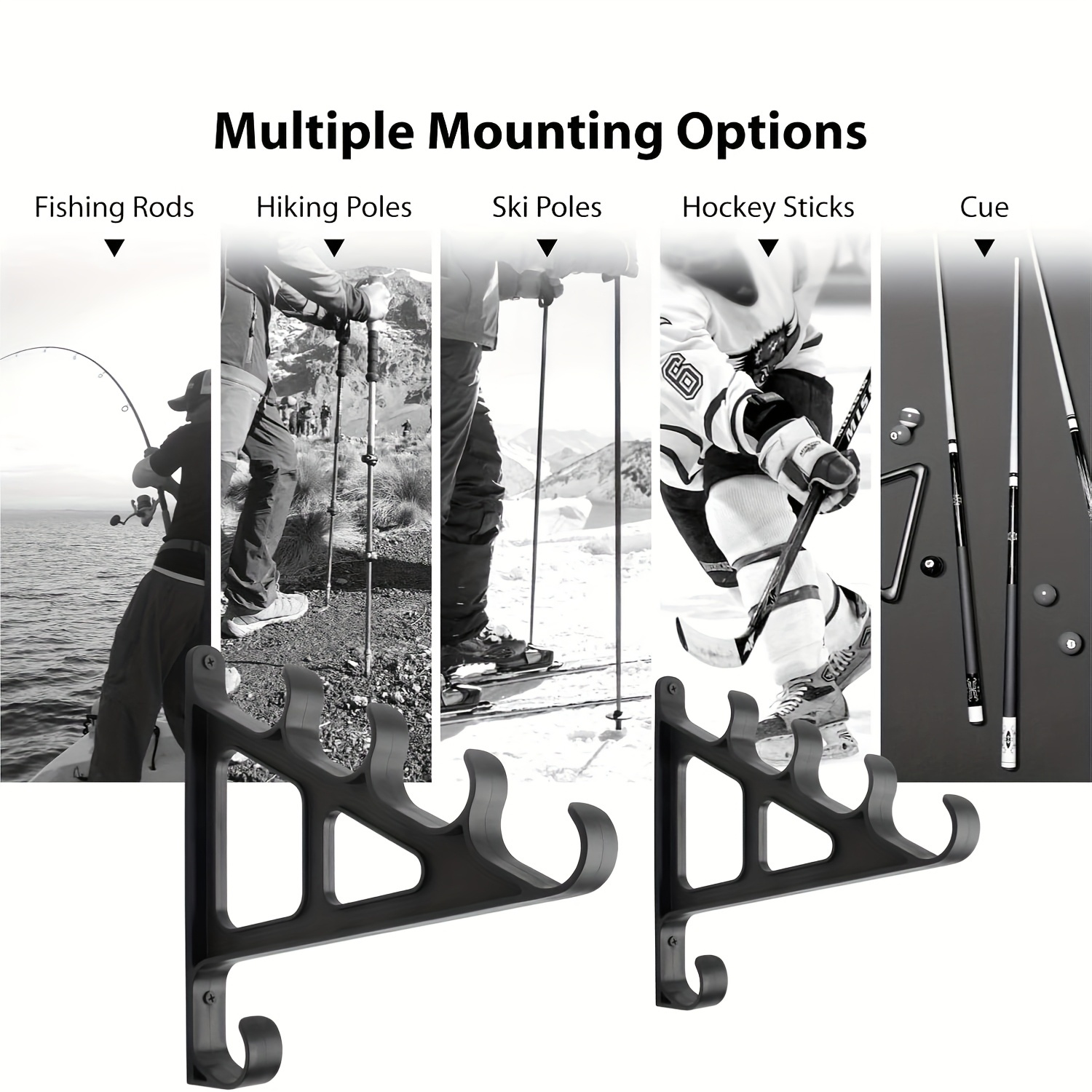 2pcs Space Saving Wall Mounted Fishing Rod Rack with Hooks- Holds 3 Fishing Rods, Suitable for Hiking Poles, Ski Poles, etc.- Made of Durable ABS Material, Easy to Install, Fishing Rod Holder. Convenient for outdoor camping use