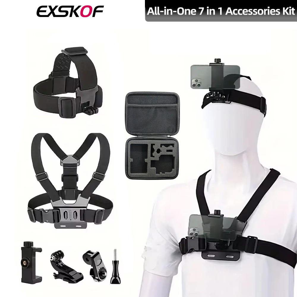 6-in-1 Action Camera Accessories Set, Yard Firm Phone Head Strap Chest Strap Mount Adjustable POV Shooting for Hero 13 12 11 10 Phone, Without Battery