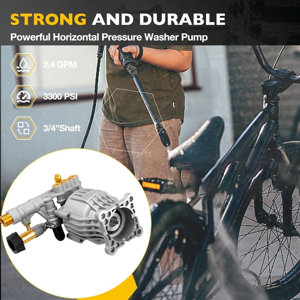 90028 Heavy-Duty Horizontal Pressure Washer Pump Kit - 3300 PSI 2.4 GPM High-Pressure Water Pump, Aluminum/Plastic with Easy Start System, Direct Drive Motor Connection (3/4