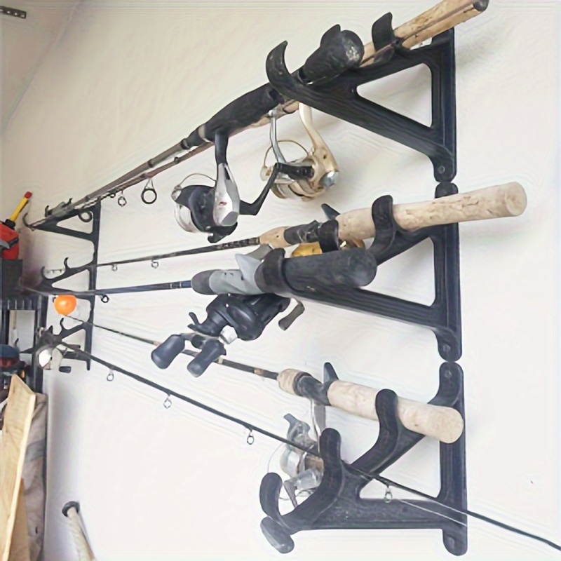 2pcs Space Saving Wall Mounted Fishing Rod Rack with Hooks- Holds 3 Fishing Rods, Suitable for Hiking Poles, Ski Poles, etc.- Made of Durable ABS Material, Easy to Install, Fishing Rod Holder. Convenient for outdoor camping use