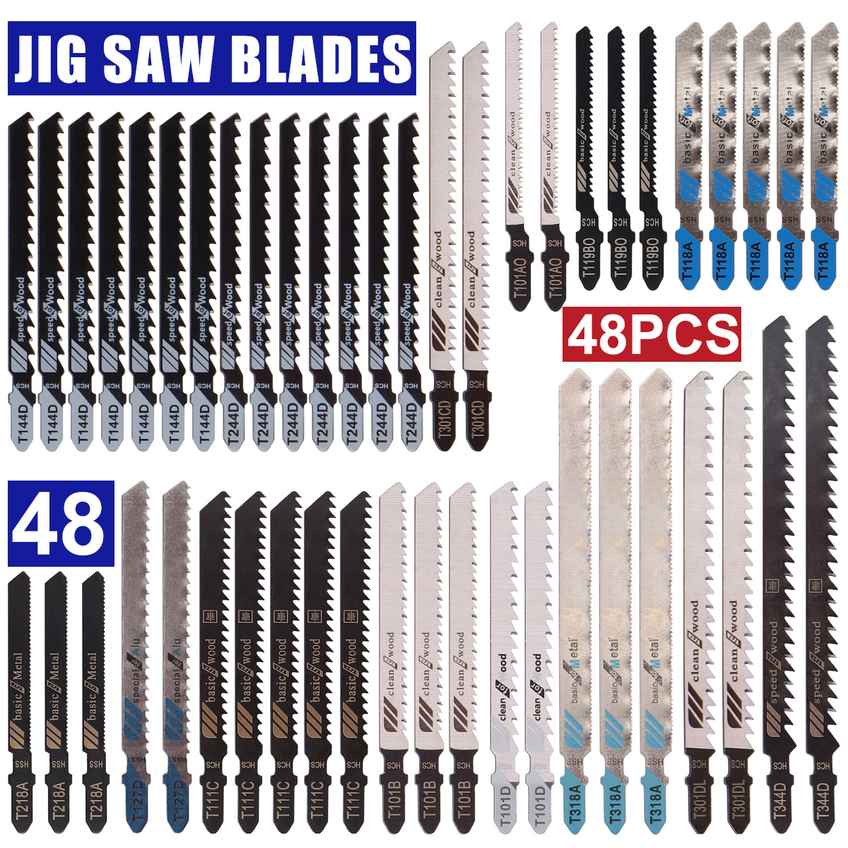 [Multi-Purpose] 48pcs Jigsaw Blades Set Assorted T-Shank Jig Saw Blades for Wood Plastic Metal