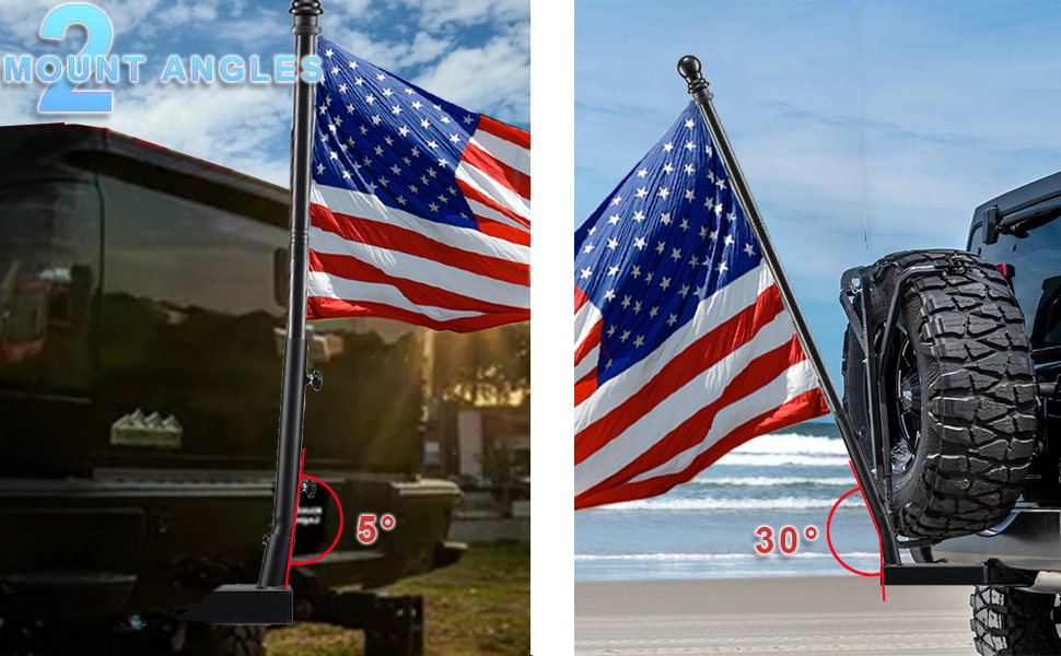 Truck Flag Pole Kit with Trailer Hitch Holder - 5/6ft Heavy Duty Tangle Free Flagpole for Trucks, Dual Angle Mount, Windproof Long Sleeve for Tow Truck, Pickup Car