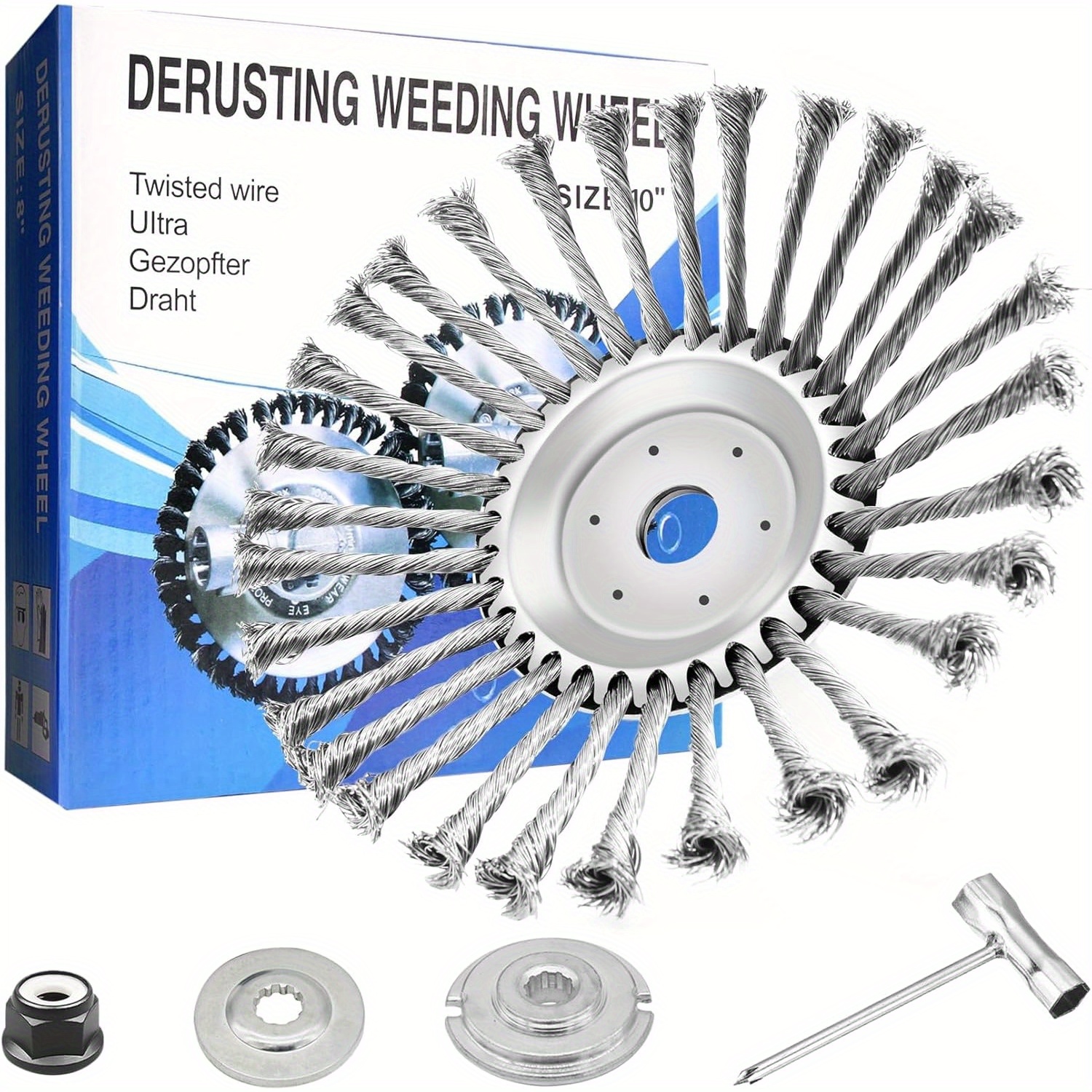 8-inch/10-inch Heavy-Duty Steel Wire Rotating Brush Trimmer Head - Yard Firm Unbreakable Metal Cutting Edges with Adapter Kit, Compatible with Weeders & Lawn Mowers for Moss, Rust, Weed Removal - Durable Outdoor Trimmer Attachment for Garden, Driveway, Sidewalk Maintenance (Ideal for Residential & Commercial Use), Weed Eater Blade, Weed Trimmer Head, Grass Trimmer Blade, Brush Cutter Blade, Weed Eater Replacement Wire Blade, Lawn Mower Blade, Grass Trimmer Head Replacement, Universal Weed Eater