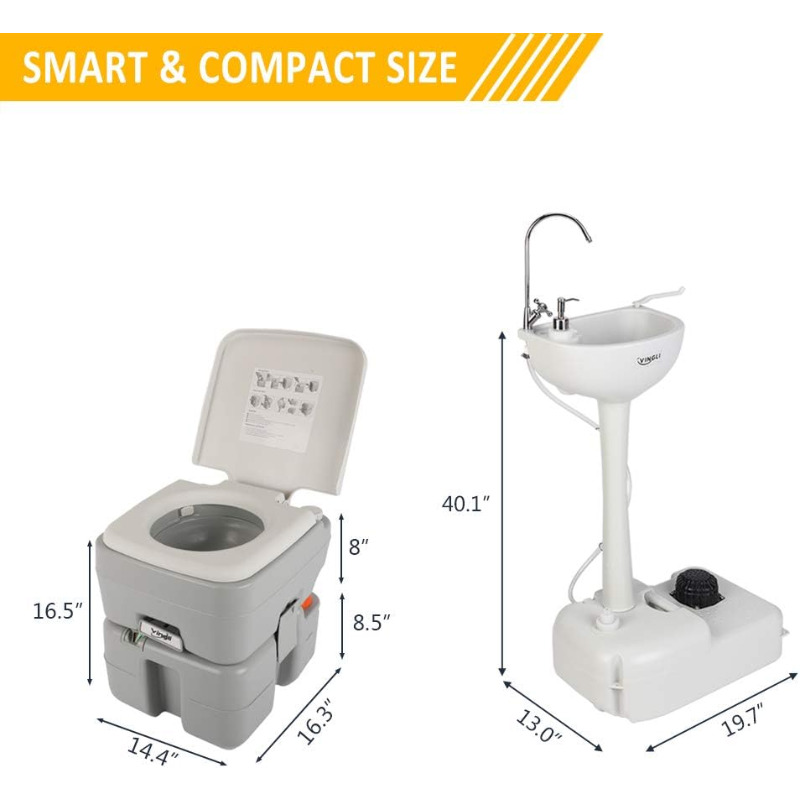 VINGLI Upgraded Portable Sink and Toilet Comb Self-contained 5 Gal Hand Washing Station & 5.3 Gal Flushing Toilet, Perfect for Camping/RV/Boat/Road Tripper/Camper, Detachable & Lightweight
