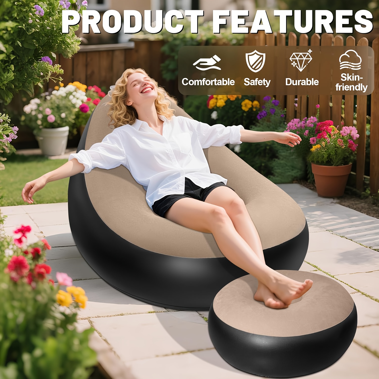 Outdoor Inflatable Sofa, 49.2-inch Adult Inflatable Lounge Chair, Yard Firm Foldable Portable Sofa, Two-Piece Set Combination Sofa, Sofa with Footstool, Suitable for Outdoor Travel, Camping, Comes with Air Pump