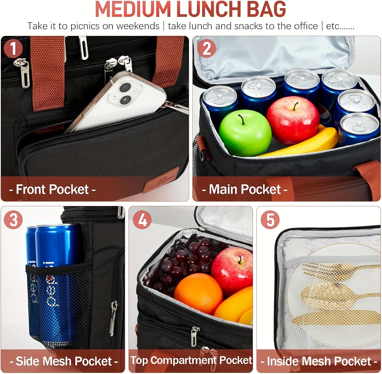 Lunch Bag For Men And Women, Double Deck Expandable Insulated Large Lunch Bag Tote Leakproof Lunch Cooler With Shoulder Strap For Construction/Travel/ Picnic/Camping/Work/Office