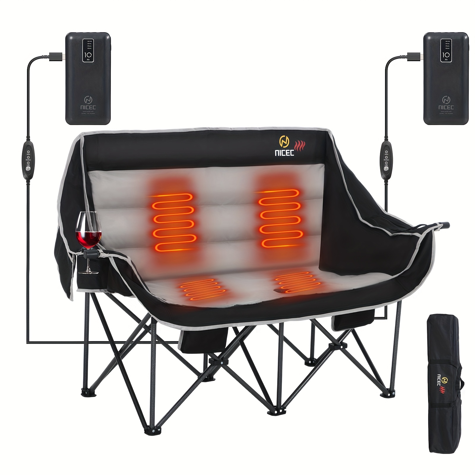 Heated Camping Chair with Cooler Bag - Yard Firm Heavy-Duty Oversized Folding Chair with Cup Holders, Portable Outdoor Heating for Adults, All-Terrain Wheels & Sturdy Frame - Ideal for Camping, Backyard, Patio, Christmas, Thanksgiving