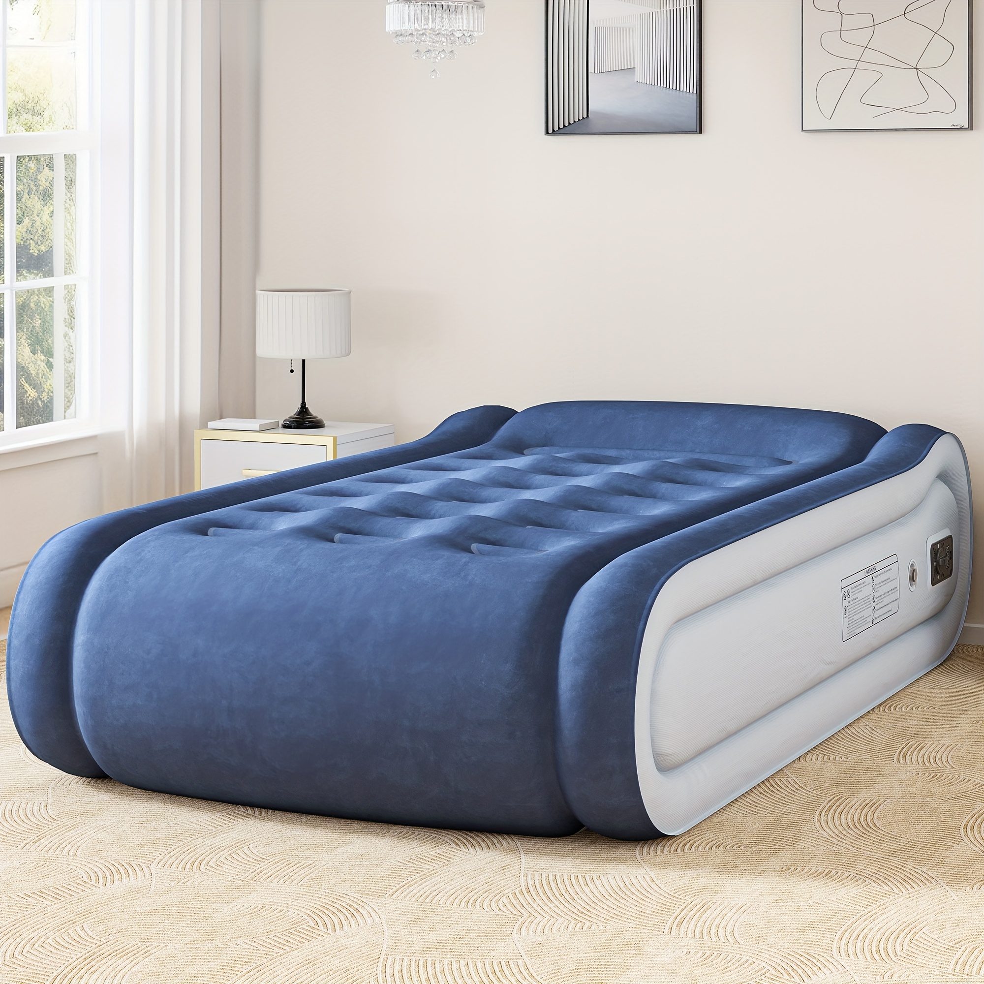TwinXL Air Mattress with Built-In Pump - Yard Firm 17'' High Raised Inflatable Bed, Portable Foldable Self-Inflating Airbed with Non-Slip Bottom & Carry Bag, 800lb Capacity, Blue & White PVC for Home, Camping, Travel, Indoor/Outdoor Use - Ideal for Guest Room