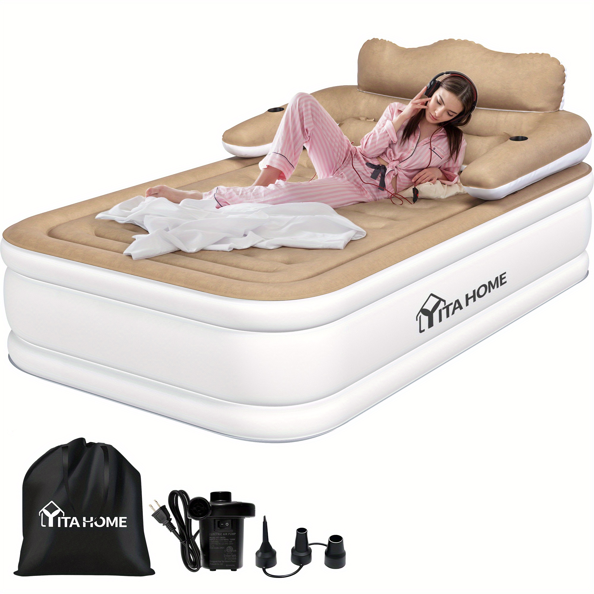 AutoWild Head model inflatable mattress, white bedside + khaki top, Queen, inflatable bed size 79.92*52.76*18.11inch, material thickness 0. 35mm PVC + top 0. 2mm flocking, American Standard air pump, the pump supports inflatable and deflatable