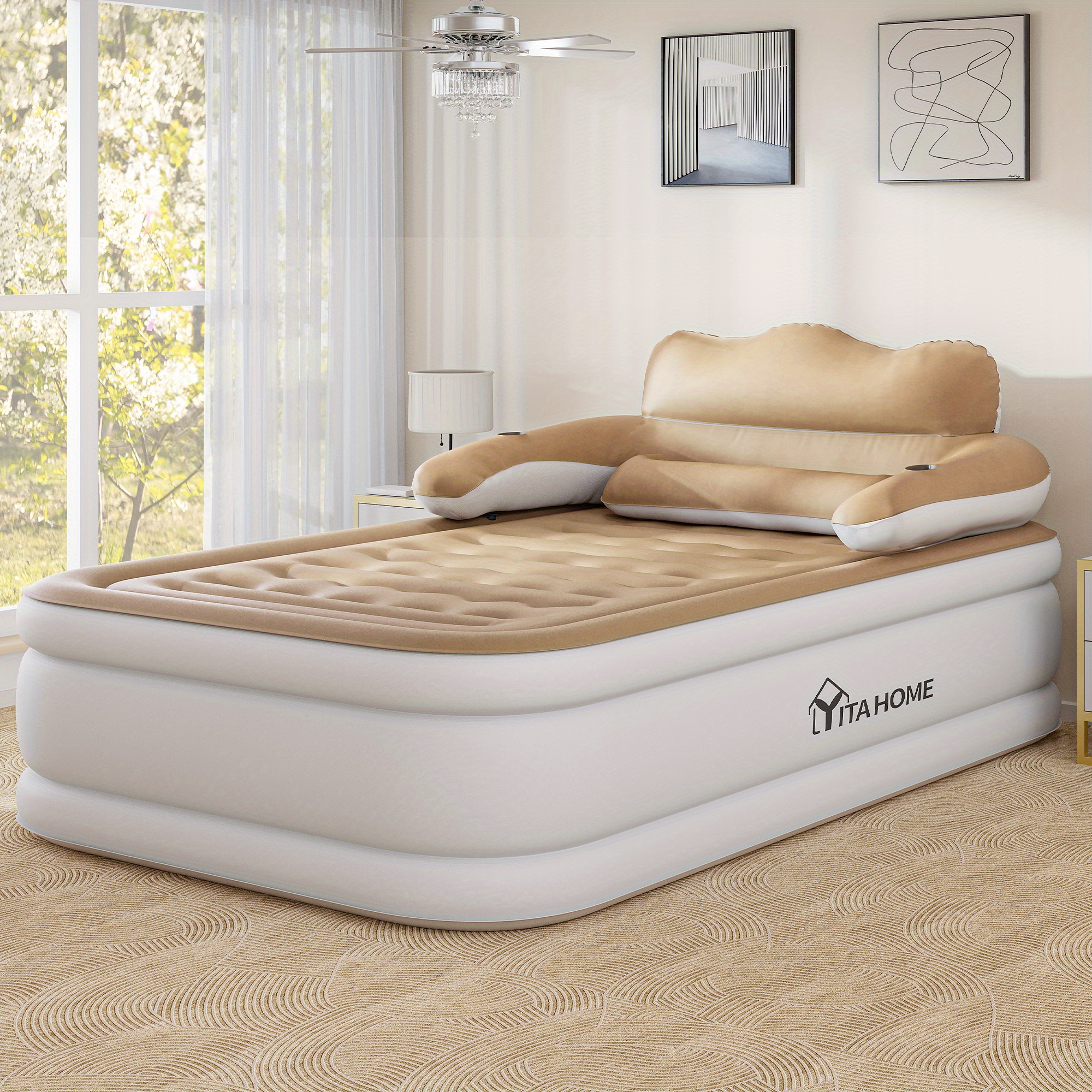 AutoWild Head model inflatable mattress, white bedside + khaki top, Queen, inflatable bed size 79.92*52.76*18.11inch, material thickness 0. 35mm PVC + top 0. 2mm flocking, American Standard air pump, the pump supports inflatable and deflatable
