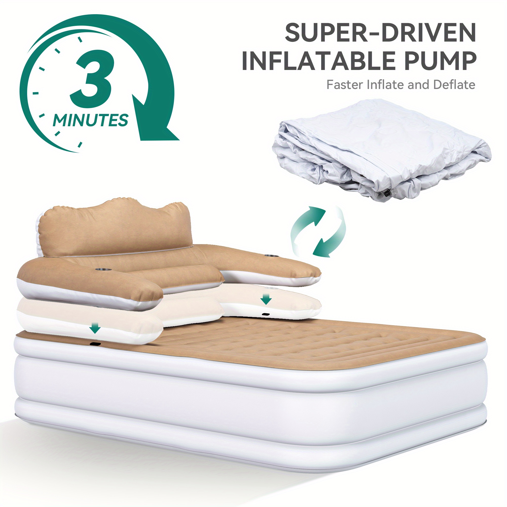 AutoWild Head model inflatable mattress, white bedside + khaki top, Queen, inflatable bed size 79.92*52.76*18.11inch, material thickness 0. 35mm PVC + top 0. 2mm flocking, American Standard air pump, the pump supports inflatable and deflatable