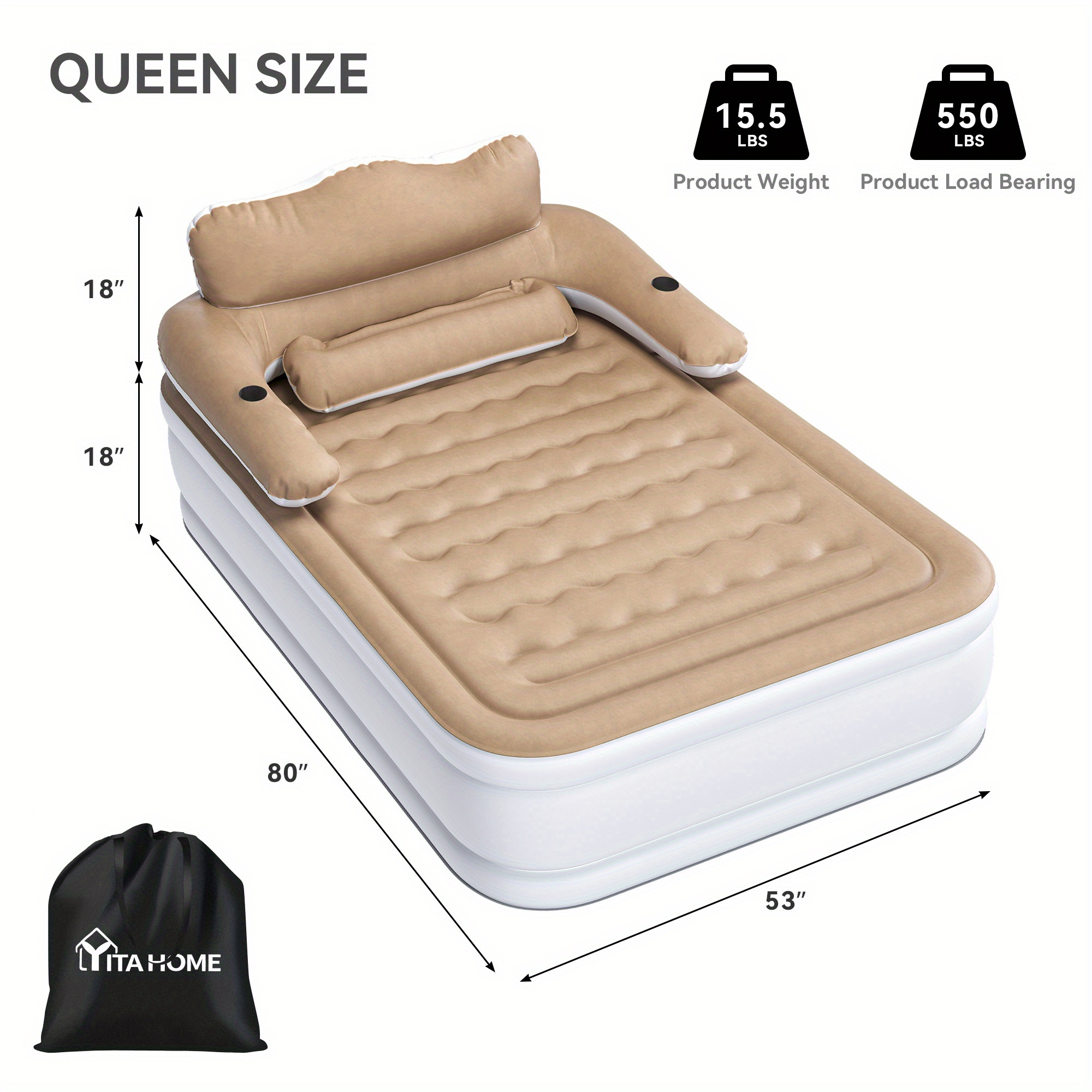 AutoWild Head model inflatable mattress, white bedside + khaki top, Queen, inflatable bed size 79.92*52.76*18.11inch, material thickness 0. 35mm PVC + top 0. 2mm flocking, American Standard air pump, the pump supports inflatable and deflatable