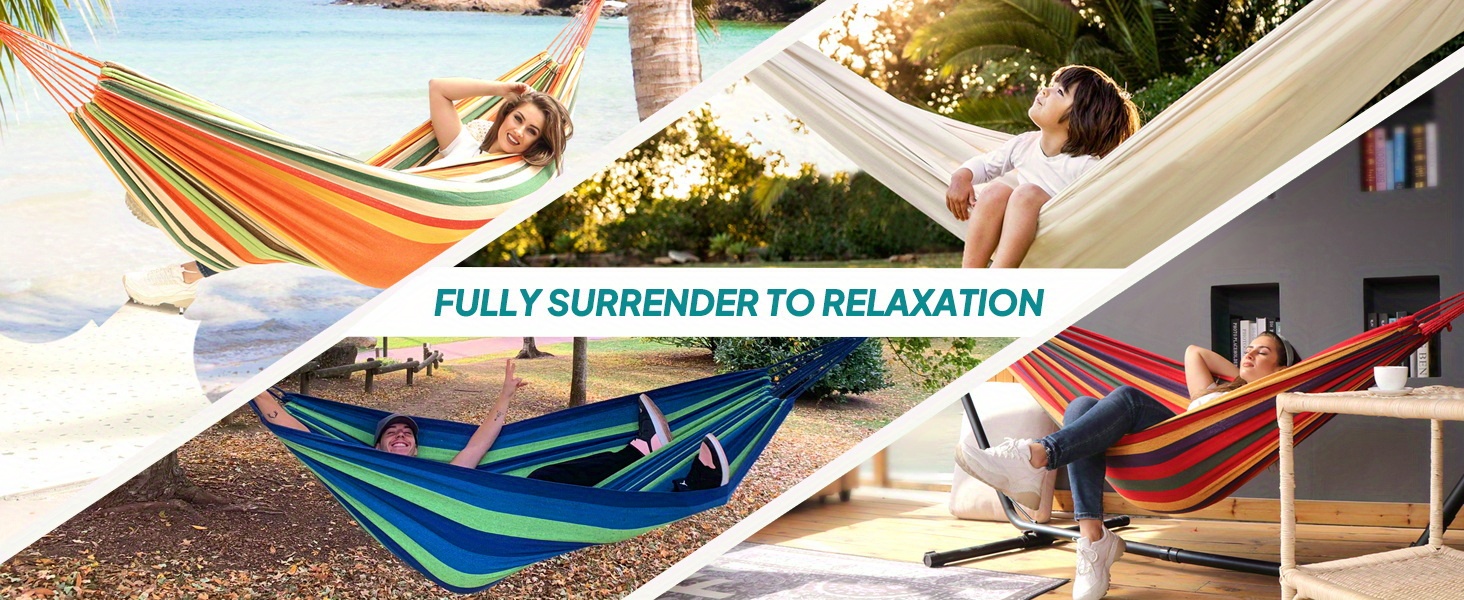 Vibrant Striped Double Hammock for Outdoor Relaxation - Durable TPU Fabric, Easy Installation with Reinforced Edges, Perfect for Camping, Garden, Patio, Beach & Backyard - Black and White Rainbow Design, Hammocks for Outside