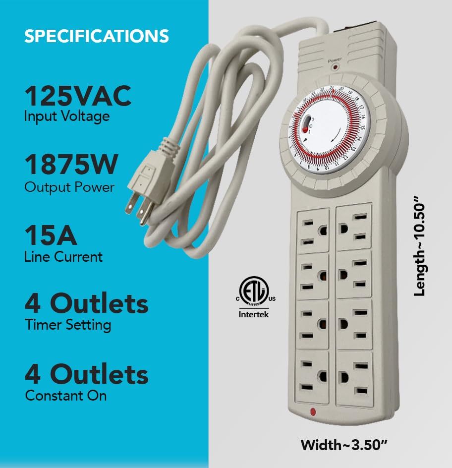 8 Outlet Surge Protector with Mechanical Timer (4 Outlets Timed, 4 Outlets Always On), Power Strip with Timer, 6 feet Cord, 1875 Watt, 125Vac, 60Hz - Tan