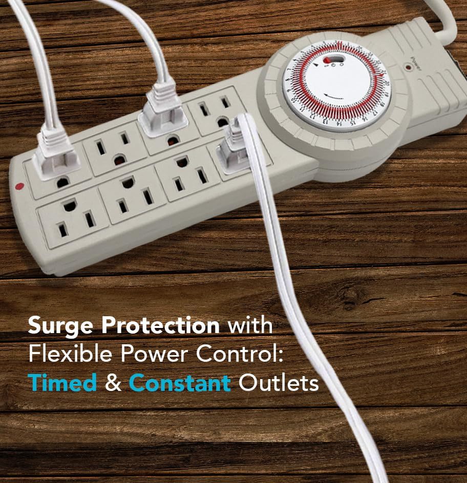 8 Outlet Surge Protector with Mechanical Timer (4 Outlets Timed, 4 Outlets Always On), Power Strip with Timer, 6 feet Cord, 1875 Watt, 125Vac, 60Hz - Tan