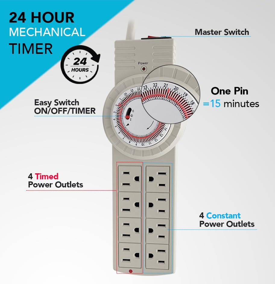 8 Outlet Surge Protector with Mechanical Timer (4 Outlets Timed, 4 Outlets Always On), Power Strip with Timer, 6 feet Cord, 1875 Watt, 125Vac, 60Hz - Tan